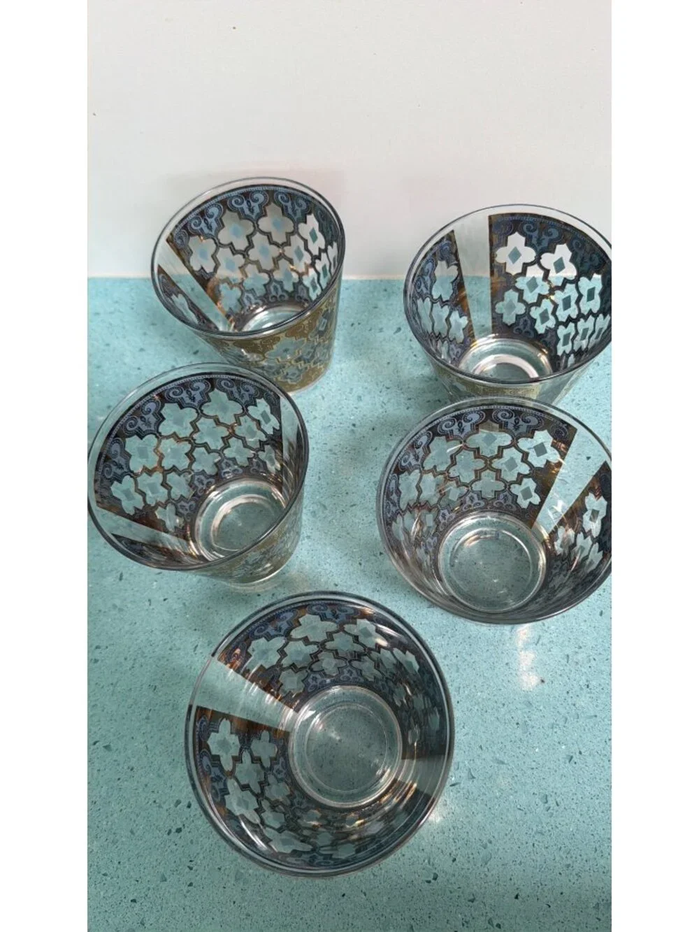 Culver Set of 5 MCM Seville 22K Gold Lattice Cocktail Glass Blue Vintage Rare